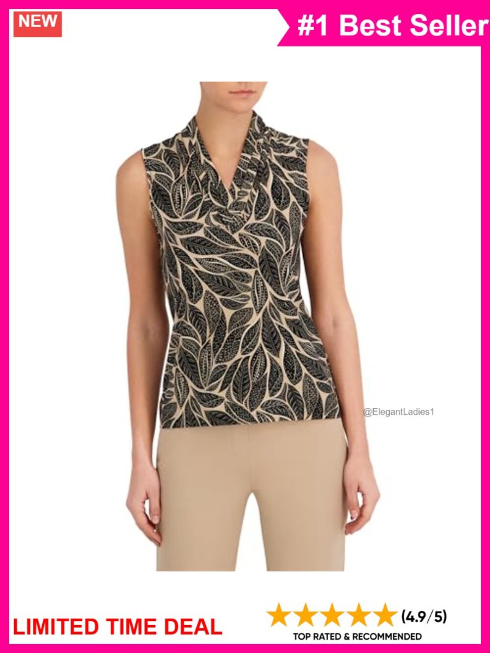 Sleeveless V-Neck Pleated Tank Top Floral Business Casual Blouse
